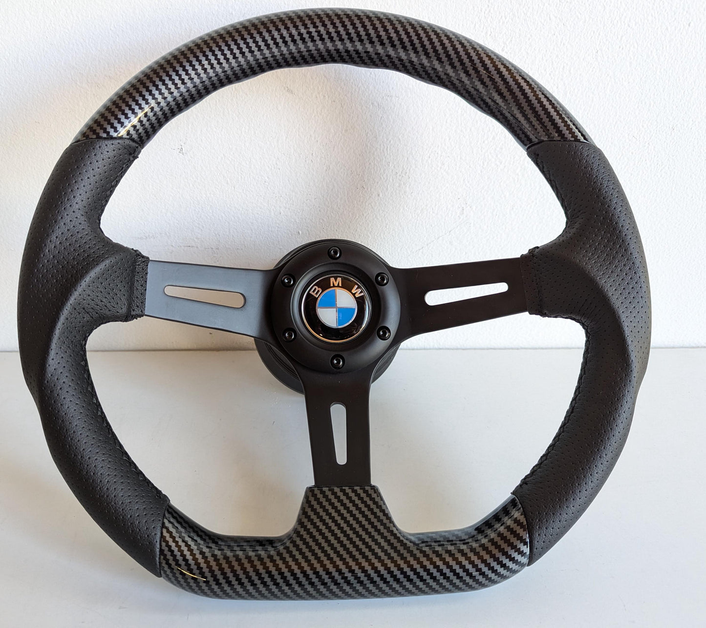 Steering Wheel For BMW E31 E32 E34 E36 (1992-1995) - Carbon Look, Flat Bottom, Black Matte Spokes, Sport Design, 350 mm