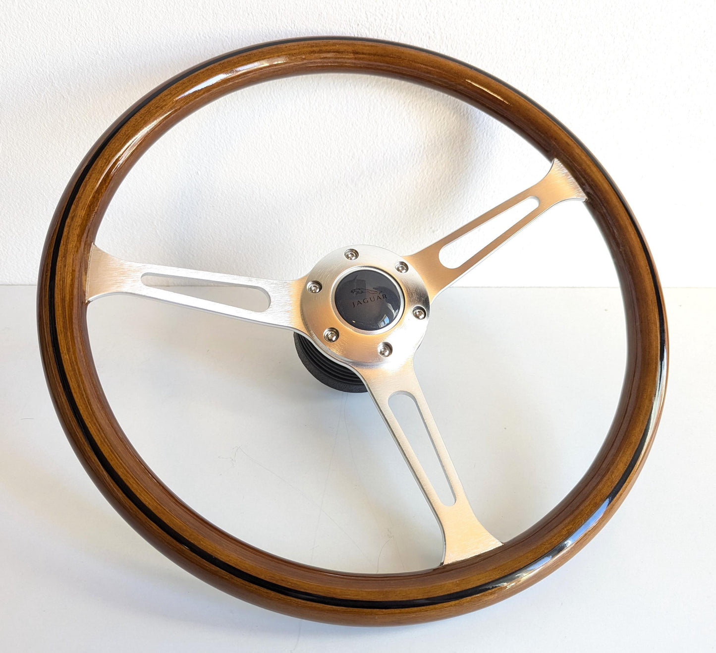 Steering Wheel  custom For Jaguar XJ12 XJ XJ5 XJ6 XJS - Wooden Rim with Black Trim, Silver Spokes, Classic, 380mm