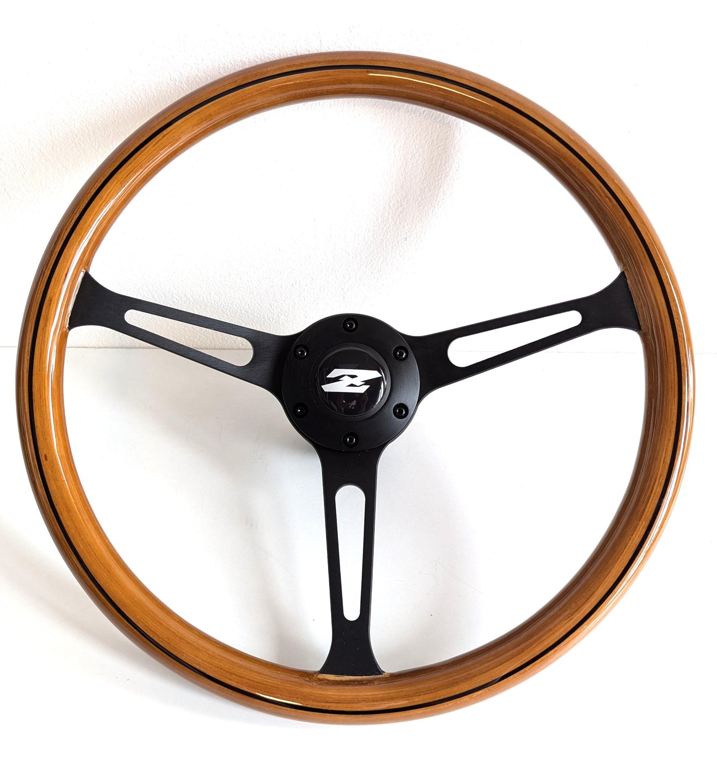 Steering Wheel For Datsun 240Z 260Z 280Z Fairlady Vintage - Wooden Rim, Black Spokes, Black Trim, Classic, 380mm