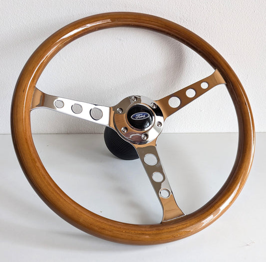 Steering Wheel For Ford F150 F250 F350 (1980-1991) - Wooden Rim, Chrome Spokes with Holes, Classic, Vintage Style, 380 mm