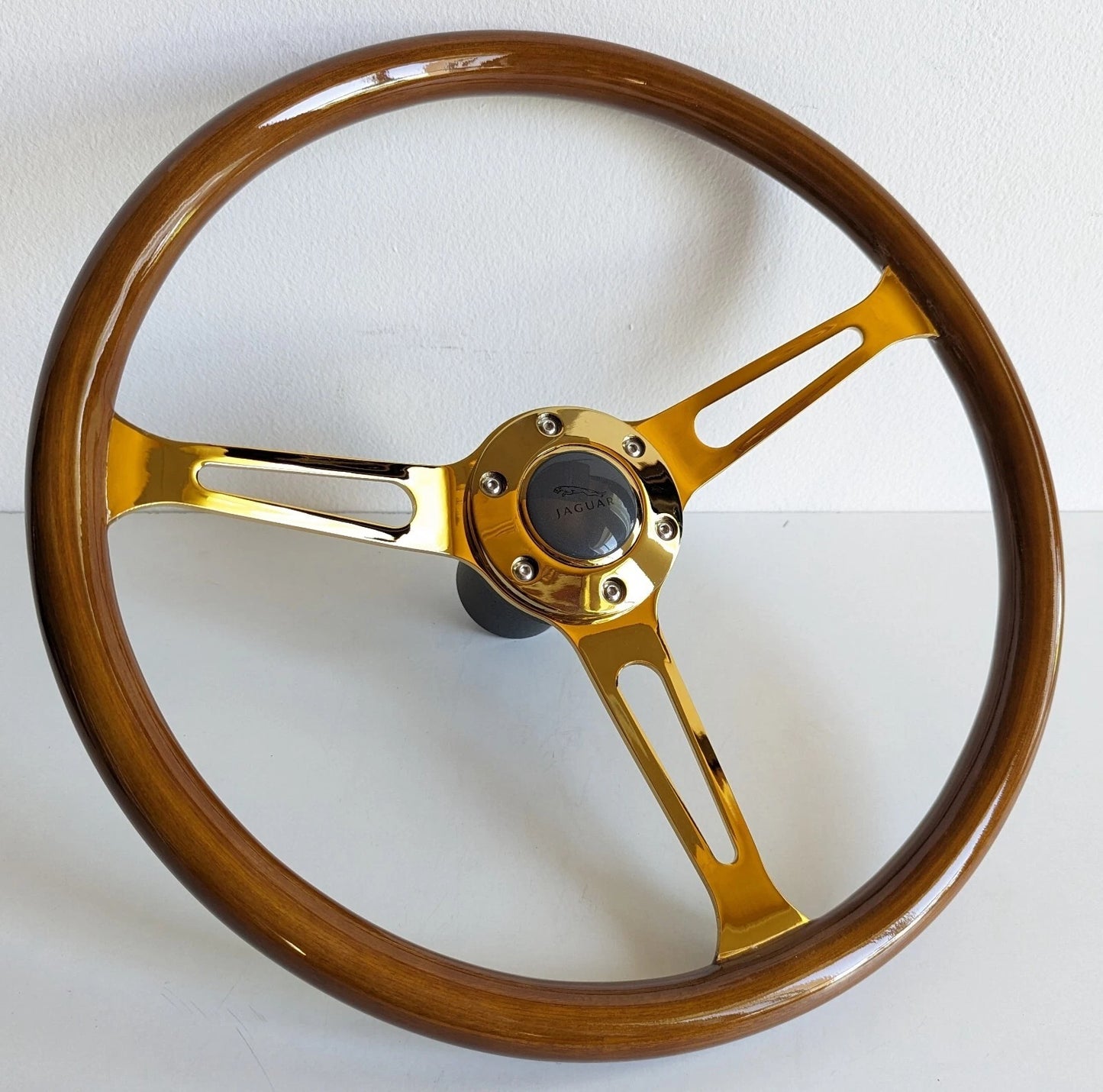 Steering Wheel For Jaguar XJ12 XJ XJ5 XJ6 XJS - Solid Wood, Vintage Gold Spokes, Classic Style, 380 mm