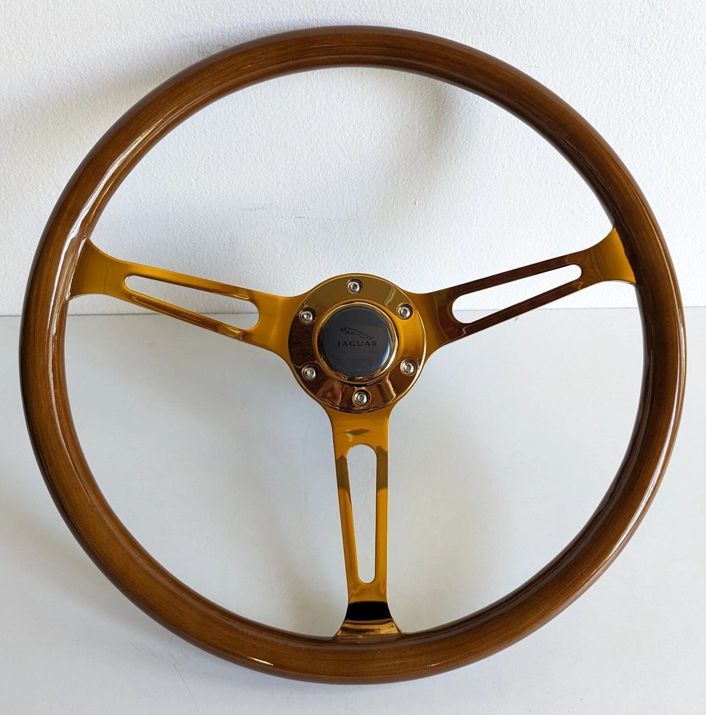 Steering Wheel For Jaguar XJ12 XJ XJ5 XJ6 XJS - Solid Wood, Vintage Gold Spokes, Classic Style, 380 mm