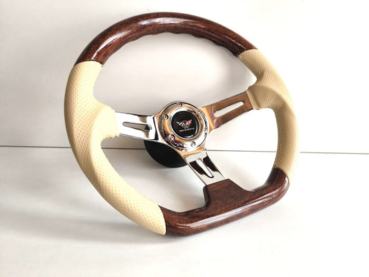Steering Wheel For Chevrolet Corvette C3 Chevy Corvete (1969-1983) - Flat Bottom, Wood, Vintage, Beige Leather, Chrome spokes, 350 mm (Copy)