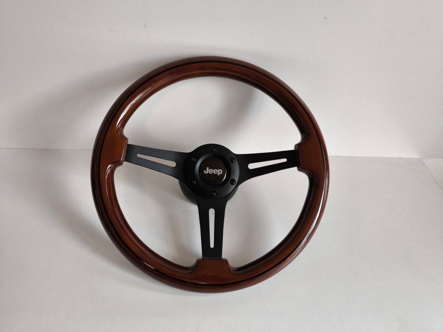 Steering Wheel For Jeep Cherokee Wrangler (1984-1996) - Wooden , Black Spokes, Black Trim, Classic, 350mm 14inch
