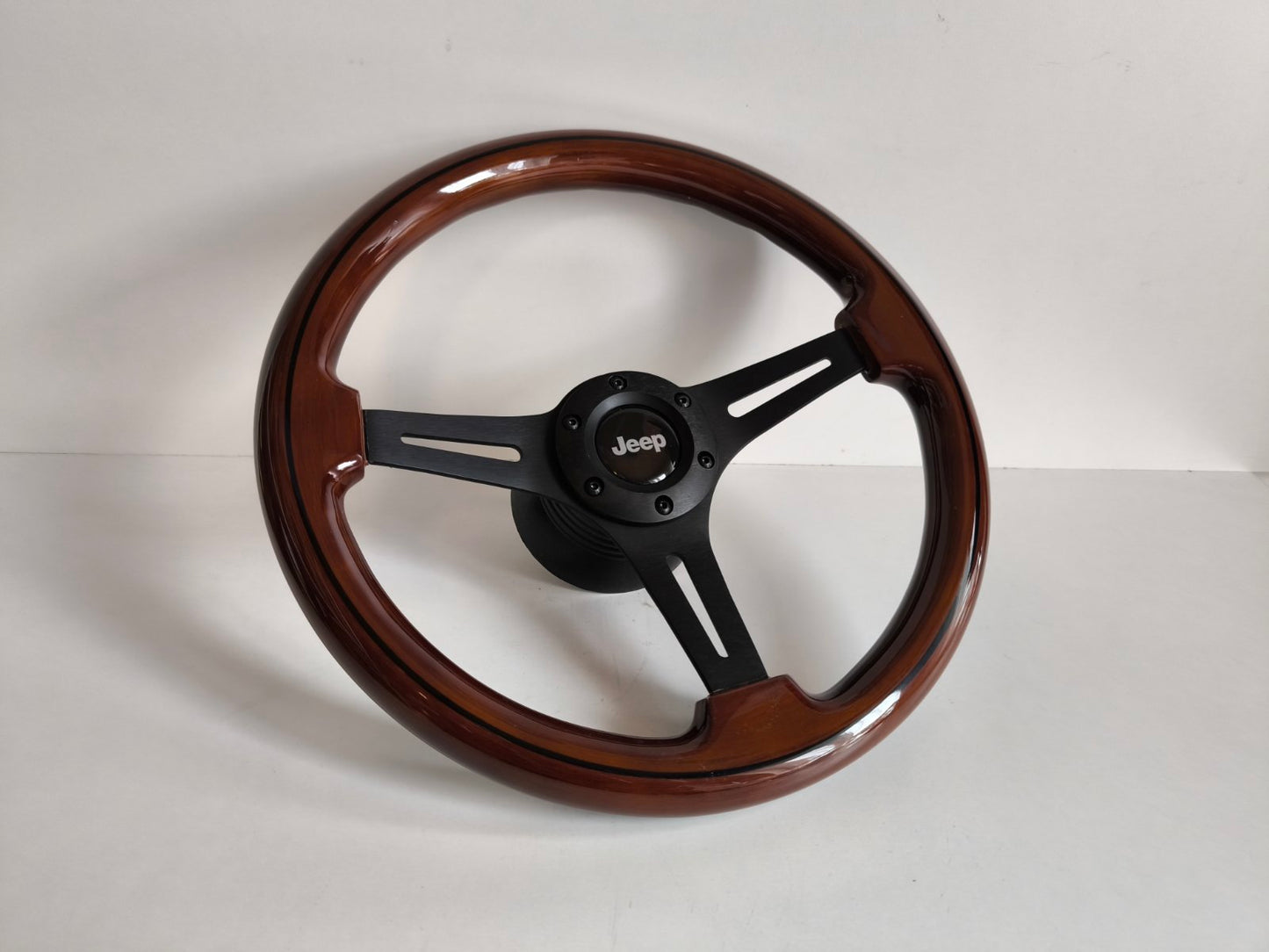 Steering Wheel For Jeep Cherockee Wagoneer Renegade CJ 3 5 6 7 Golden Eagle Laredo Pick up - Wooden Wood Black Spokes, Black Trim, Classic, 350mm