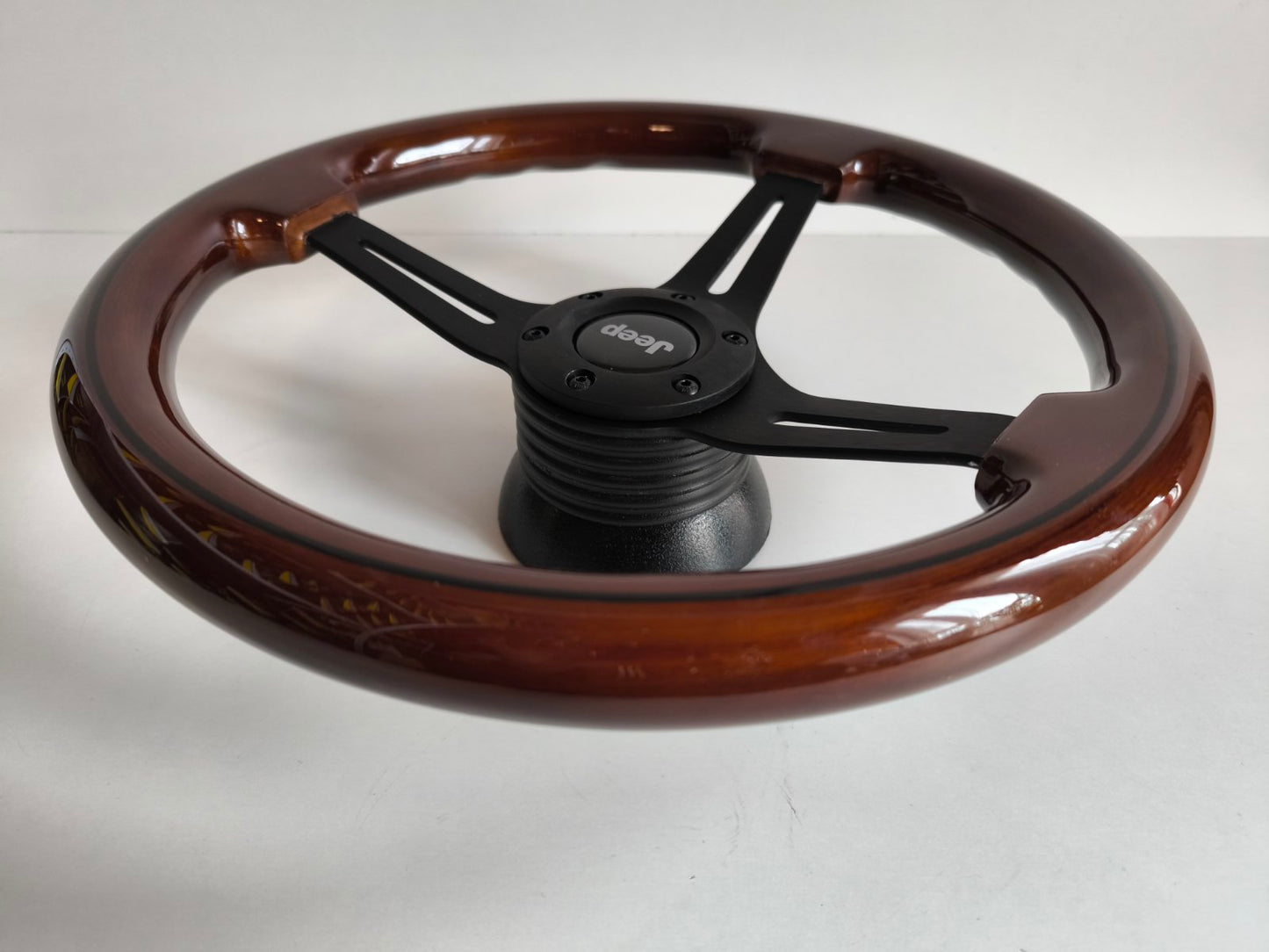 Steering Wheel For Jeep Cherokee Wrangler (1984-1996) - Wooden , Black Spokes, Black Trim, Classic, 350mm 14inch